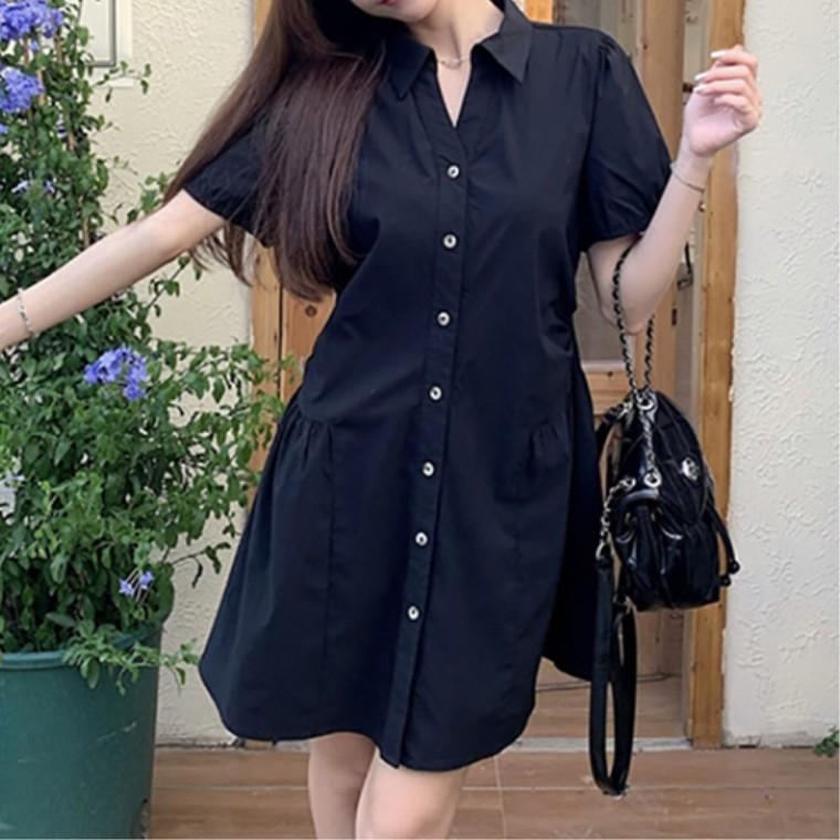 블랙 셔츠원피스 루즈핏 원피스코디 카라티 스타일리시한 반팔 데일리룩