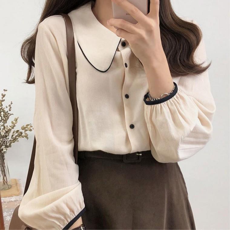 출근룩 빅카라블라우스 여성스러운티셔츠 20대여성 일상룩 데이트룩 긴팔