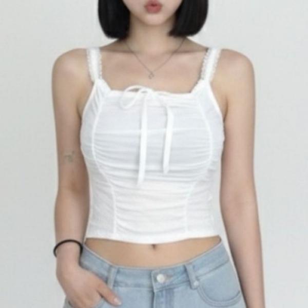 셔링 리본 레이스 끈나시 크롭티