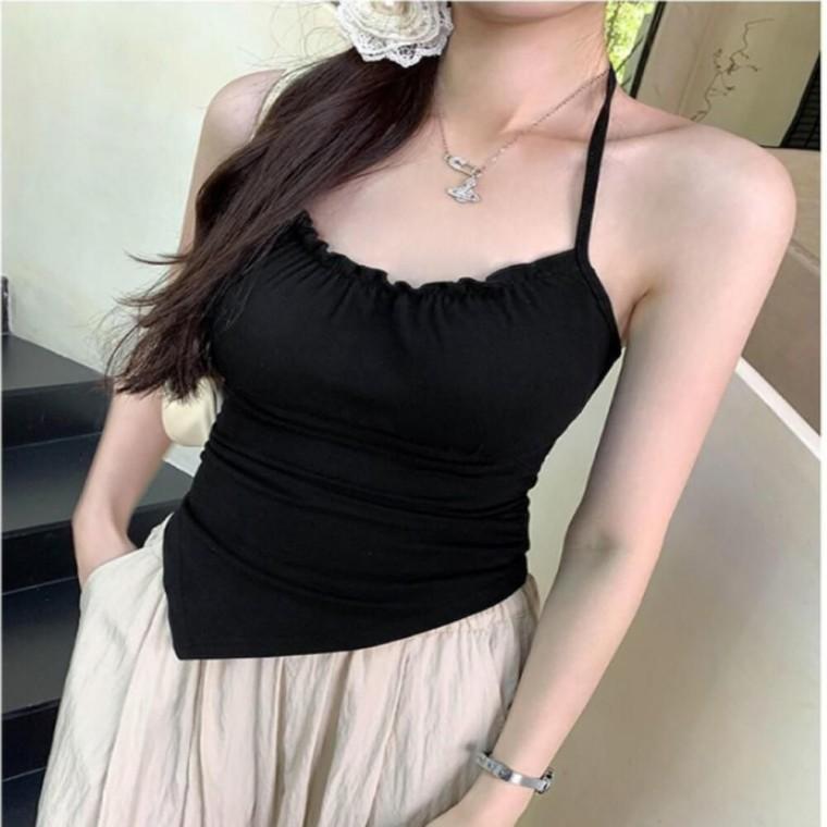 홀터넥 스타일 슬림핏 프리 스트랩 여성용 나시티셔츠