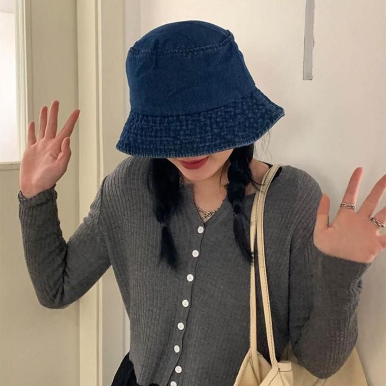 진한 청 색상 빈티지 스타일 캐주얼 기본 데님 벙거지