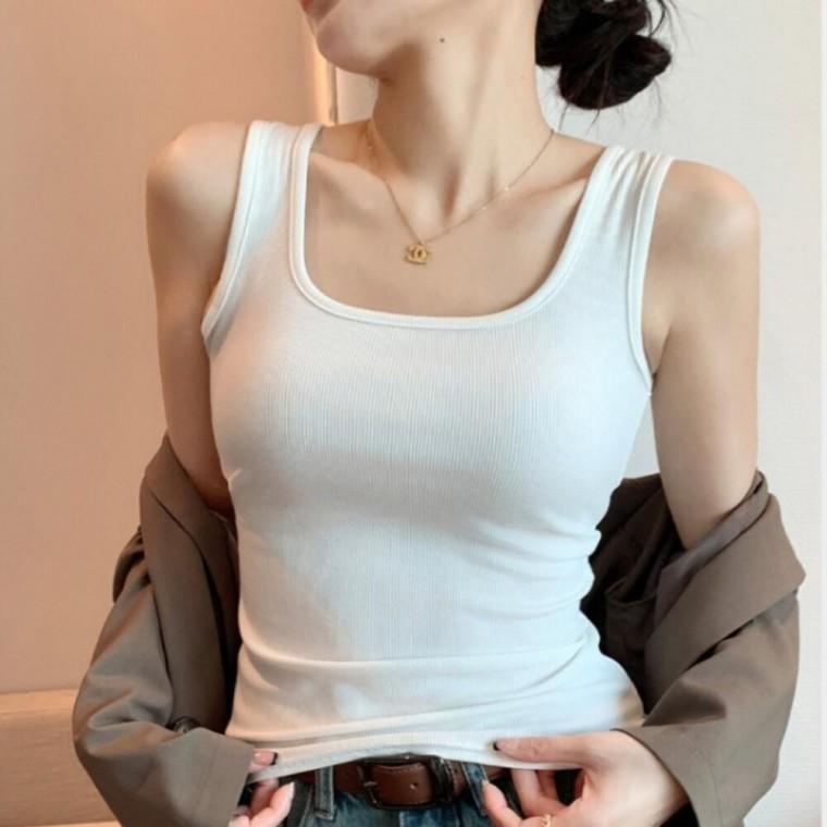 스퀘어넥 골지 포인트 캐주얼 여성용 세미크롭 나시티