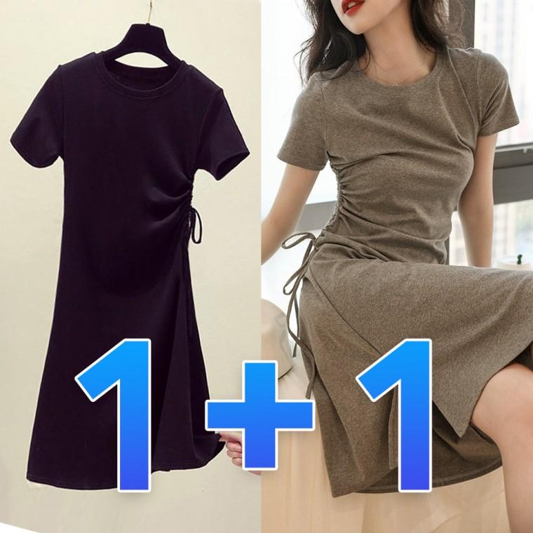 1+1 반팔 미니 원피스 셔링 리본 무지 데이트룩 데일리룩