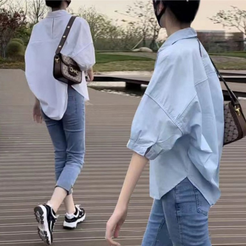 언발 루즈핏 반팔 셔츠 여름 여성 블라우스 남방