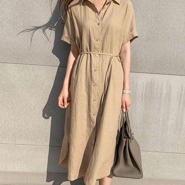 캐주얼 린넨 데일리룩 셔츠 반팔 여성 롱 여름 원피스