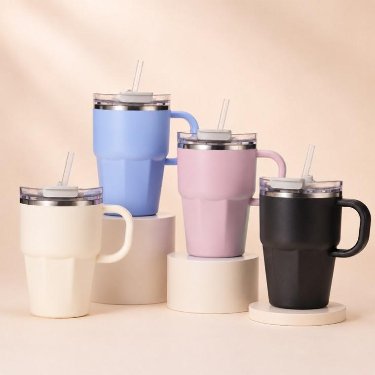 [도매라인 ] 600ml 손잡이 빨대텀블러 스텐304 보온보냉 대용량 카페컵 차량용 리유저블컵
