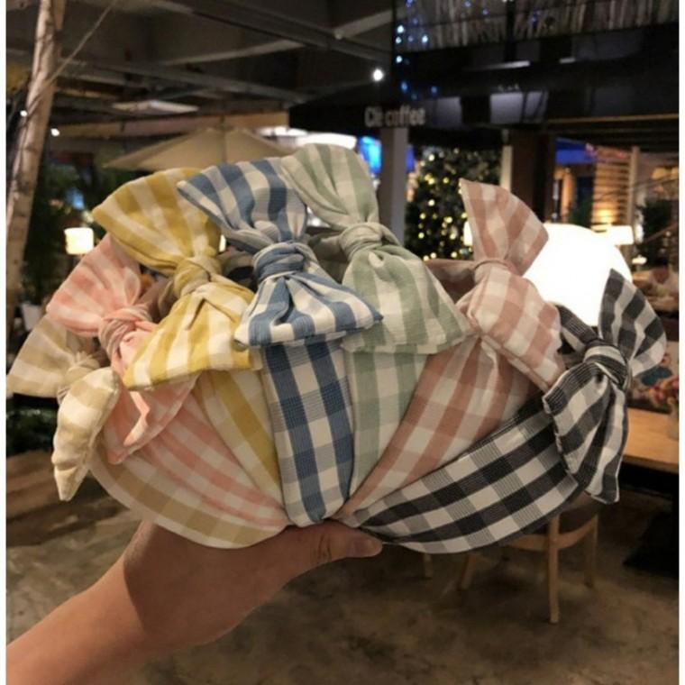 린넨 체크 리본 반다나 헤어밴드 머리띠