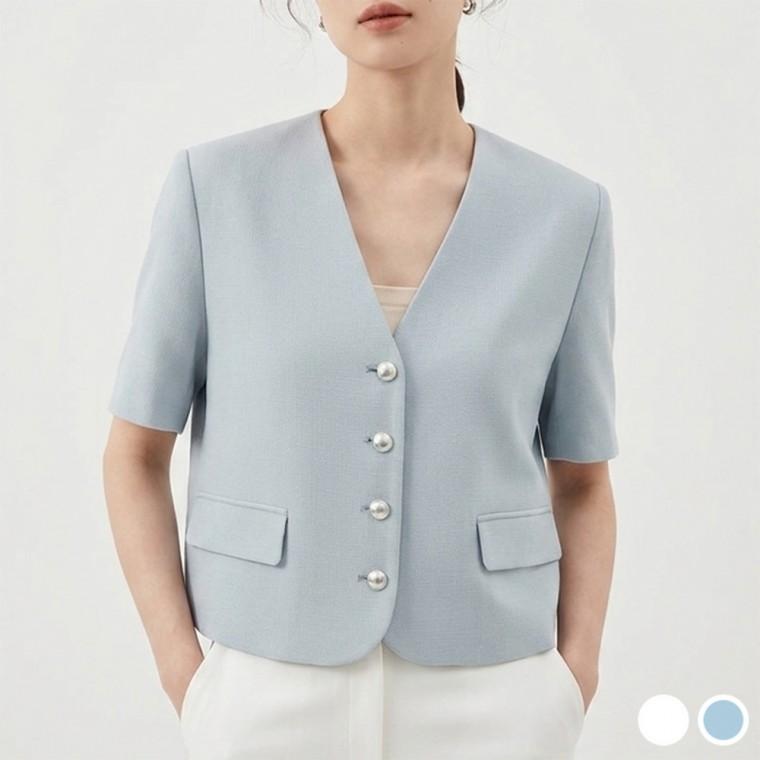 단정핏 브이넥 썸머 반팔 자켓 하객룩 나들이룩 FLS-1008531