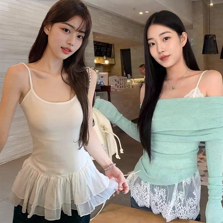 여자 밑단 레이스 레이어드나시 끈나시 이너티 프릴 민소매 티셔츠 나시티