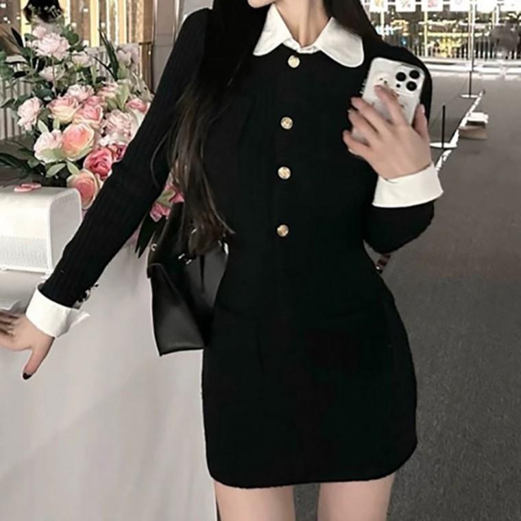 카라 페이크레이어드 금장버튼 블랙미니원피스 NF-16