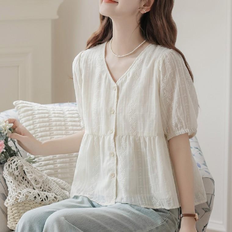 브이넥 자수 플레어 블라우스 LL T189