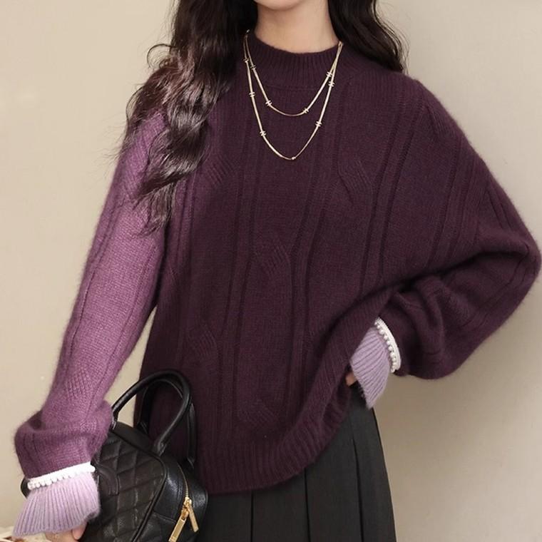진주 소매 포인트 투톤 루즈핏 퍼플 스웨터
