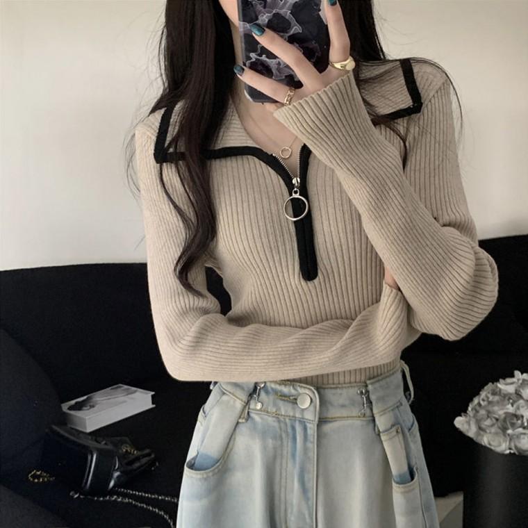 다비스 골지 카라 반지퍼 슬림핏 티셔츠 SD-251181
