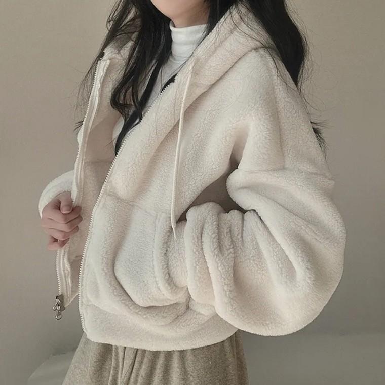 양털 세미크롭 후드집업
