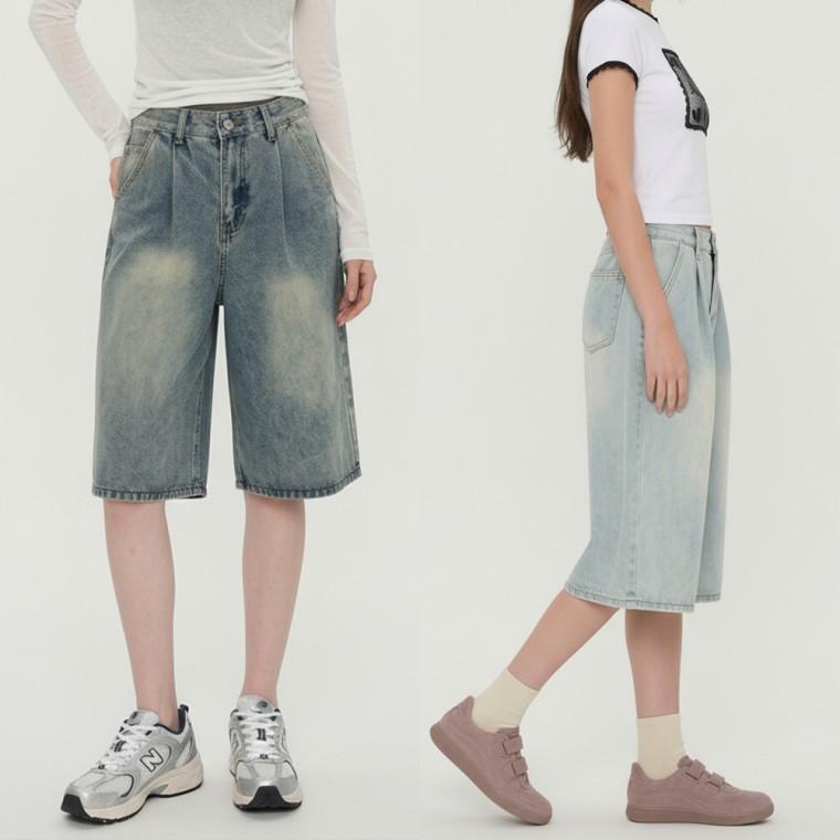 여성용 2단기장 숏/롱 워싱 핀턱 버뮤다 데님팬츠