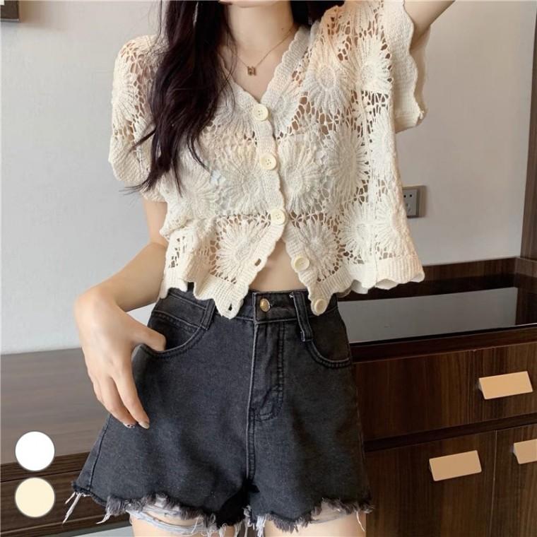 해바라기 자수 펀칭 그물 가디건 ELC-9074