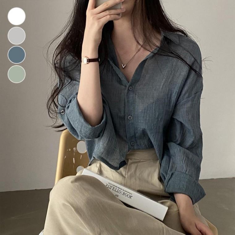 루즈핏 시스루 솔리드 숏 긴팔셔츠 ELC-9082
