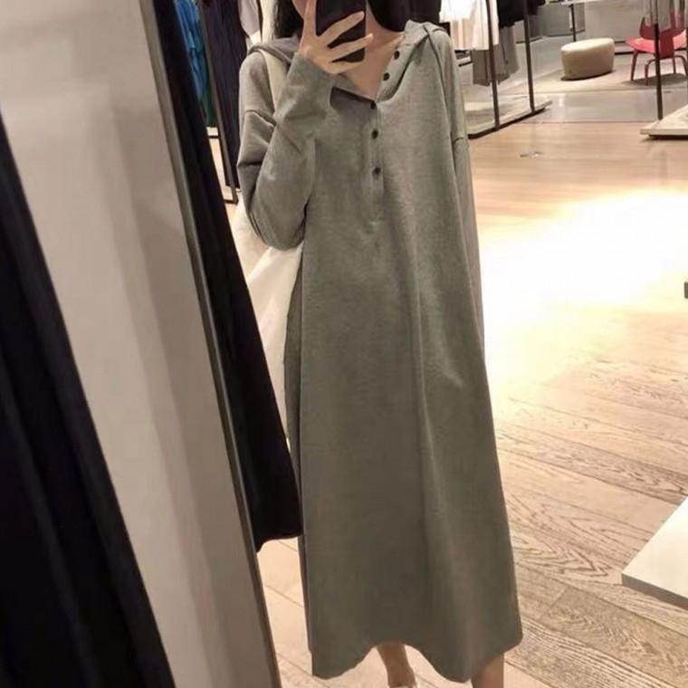 가을신상 후드 긴팔 원피스 롱원피스 단추 치마 스커트 여성 긴팔