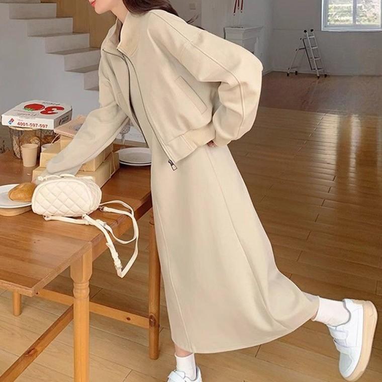 크림버터 점퍼 원피스 세트 투피스 여성 롱 원피스 치마 자켓 캐주얼 트레이닝복