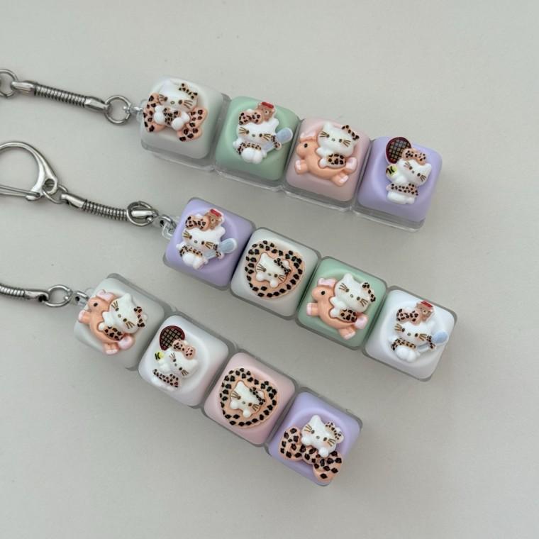4구 고양이 KT 호피 사과 테니스 하트 리본 LED 야광 불빛 키캡 키링 컬러 키보드 자판 딸깍이 클리커