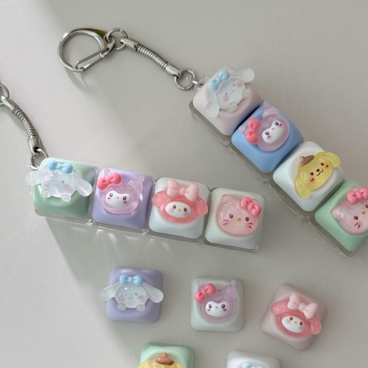 4구 투명 캐릭터 고양이 강아지 KT LED 야광 불빛 키캡 키링 컬러 키보드 자판 딸깍이 클리커