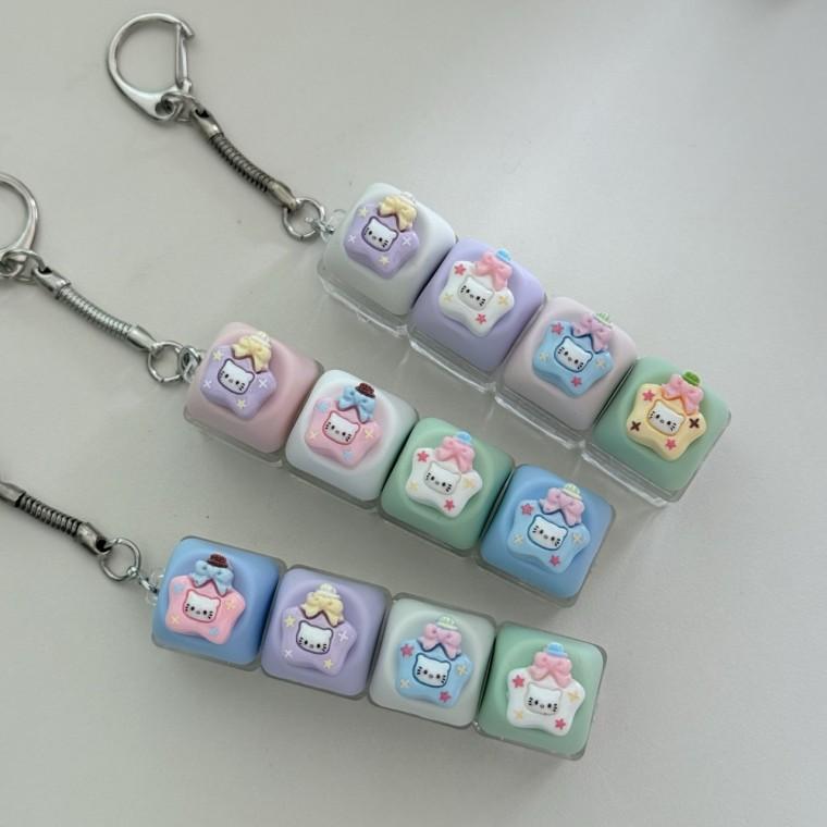 4구 쁘띠 kt 고양이 별 토끼 어린이날 캐릭터 LED 야광 불빛 키캡 키링 컬러 키보드 자판 딸깍이 클리커