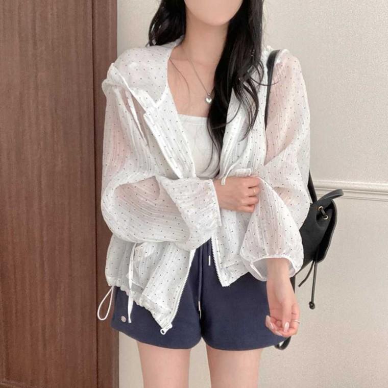 [위드기프트] 도트 쉬폰 여리여리핏 바람막이 후드집업