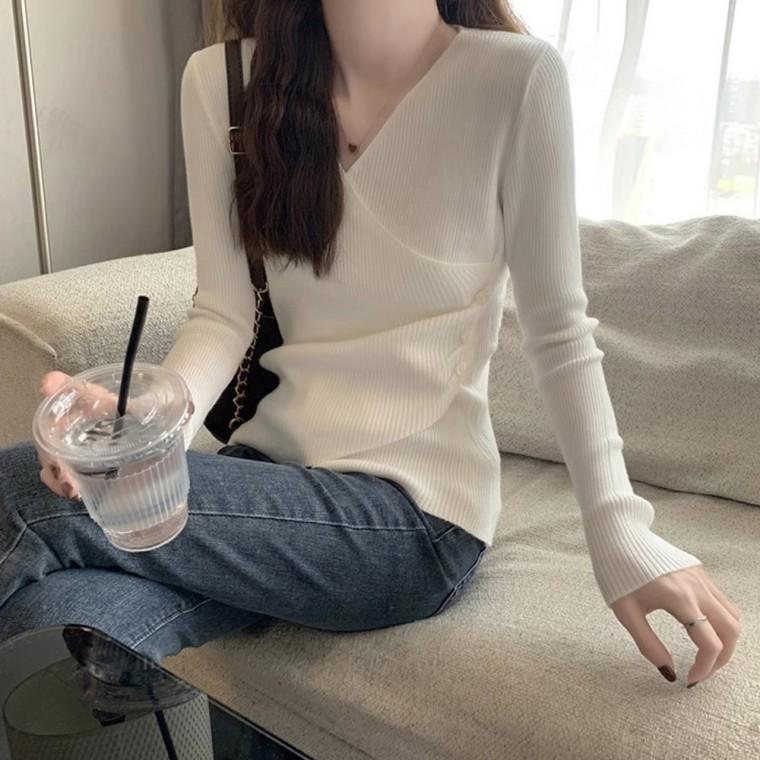 크로스 랩 골지 니트티 여성 이너 티셔츠 긴팔 슬림핏