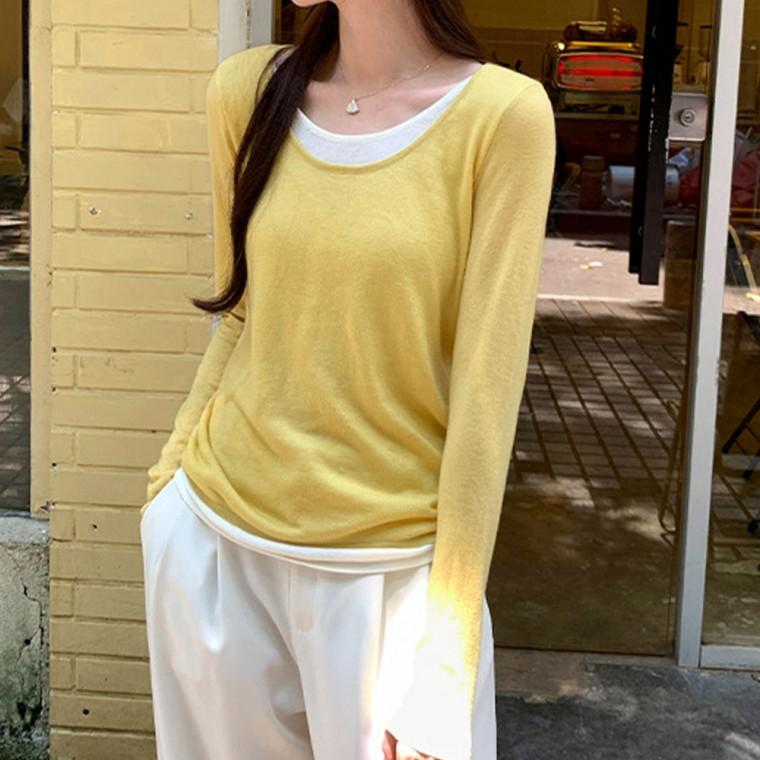 여성 투톤 레이어드 긴팔티 루즈핏 라운드넥 데일리 티셔츠