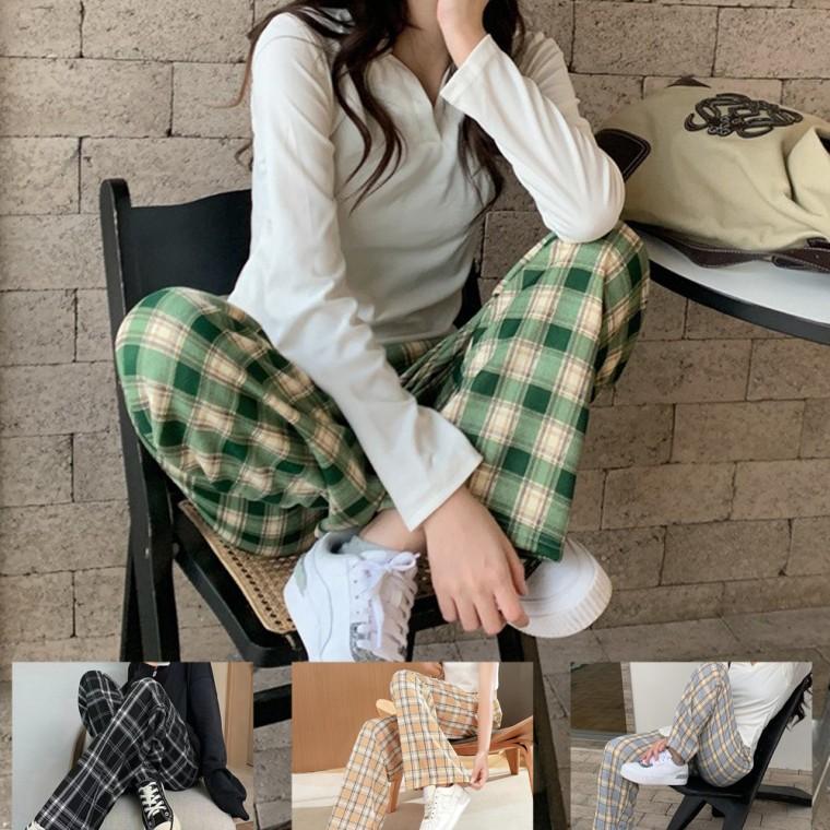 타탄체크 와이드 여름 밴딩 레그팬츠ㅠ 와이드팬츠 통바지 아이스팬츠