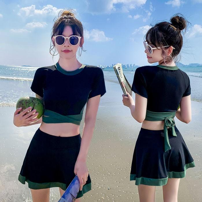 배색 크로스 라인 매듭 2피스 비키니 수영복 원피스 몸매보정 치마 세트 비키니 바지 여름 휴가 물놀