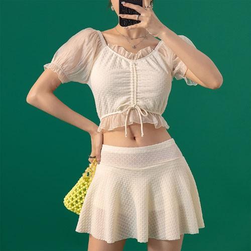 퍼프 쉬폰 미들 스트링 투피스 수영복 비키니 모노키니 래쉬가드 일체형 치마 세트 몸매보정 치마 세