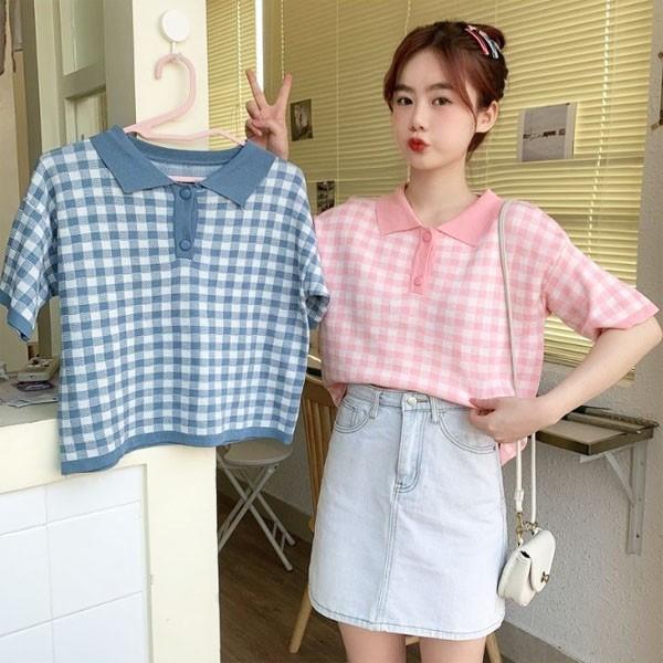 상큼 격자 체크 카라 세미 크롭 반팔 티셔츠 여름 상의 봄 가을 반팔 상의 블라우스 티셔츠 셔츠