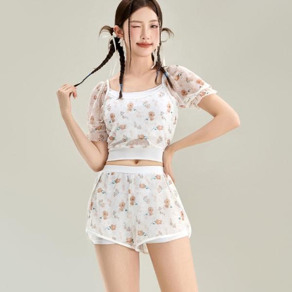 상큼 플라워 백 리본 투피스 수영복 비키니 모노키니 래쉬가드 투피스 치마 세트 여름 휴가 비치