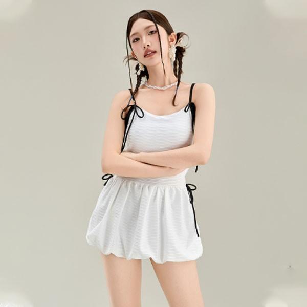 퍼프 스커트 리본 스트링 원피스 수영복 원피스 몸매보정 치마 세트 비키니 바지 여름 휴가 물놀이
