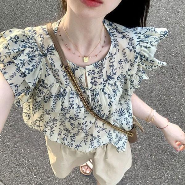 블루 트리 프론트 버튼 반팔 티셔츠 봄 여름 가을 상의 여름 퍼프 반팔 상의 티셔츠 셔츠 비치 휴가