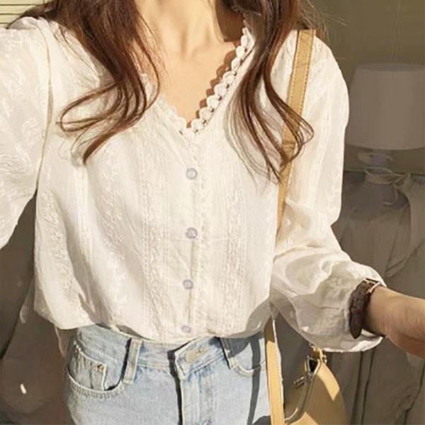 펀칭 레이스 V넥 화이트 블라우스 셔츠 여름 상의 여름 퍼프 반팔 상의 블라우스 티셔츠 셔츠