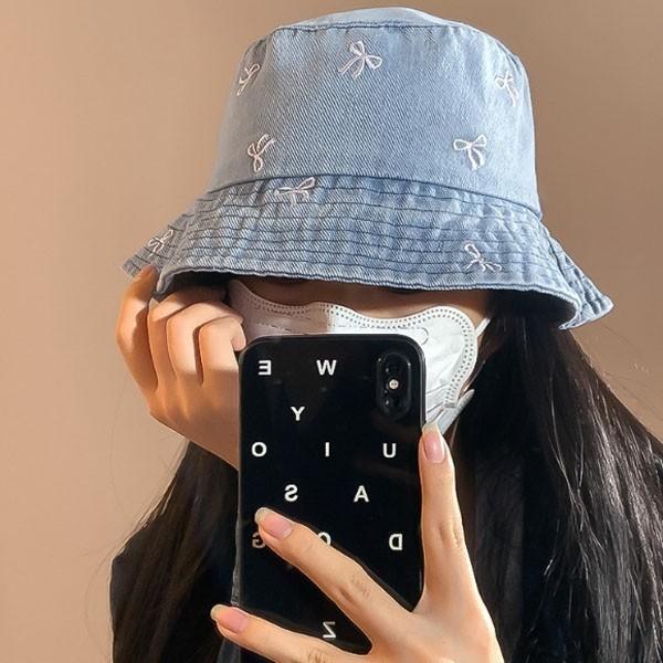 러브 데님 리본 버킷햇 벙거지 모자 벙거지모자 선캡 썬캡 여름 캡모자 밀짚 왕골 나들이 여성 성인