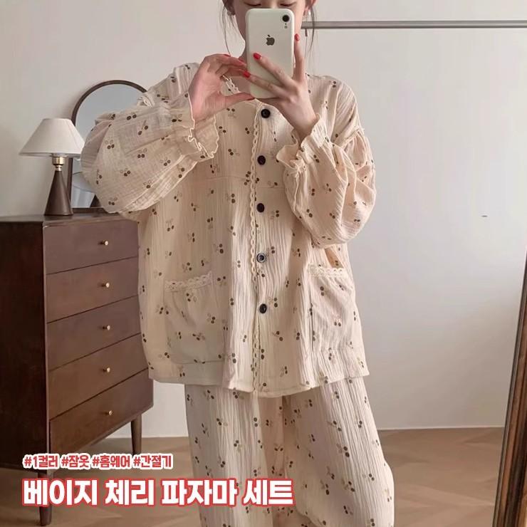 2481 베이지 체리 파자마 상하세트 레이스 라운드 긴팔 긴바지 밴딩 사계절 홈웨어 잠옷