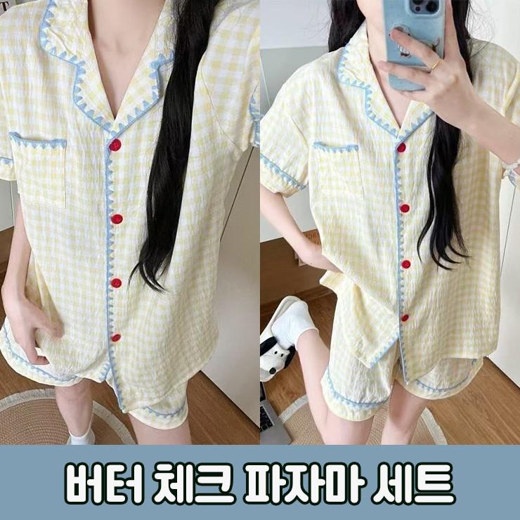 3114 버터 체크 파자마 반팔 홈웨어 세트