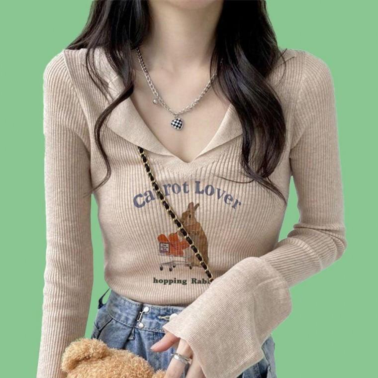 여성 카라 브이넥 니트 티 봄 가을 긴팔 티셔츠 beige 니트티 여자 프린팅 기본
