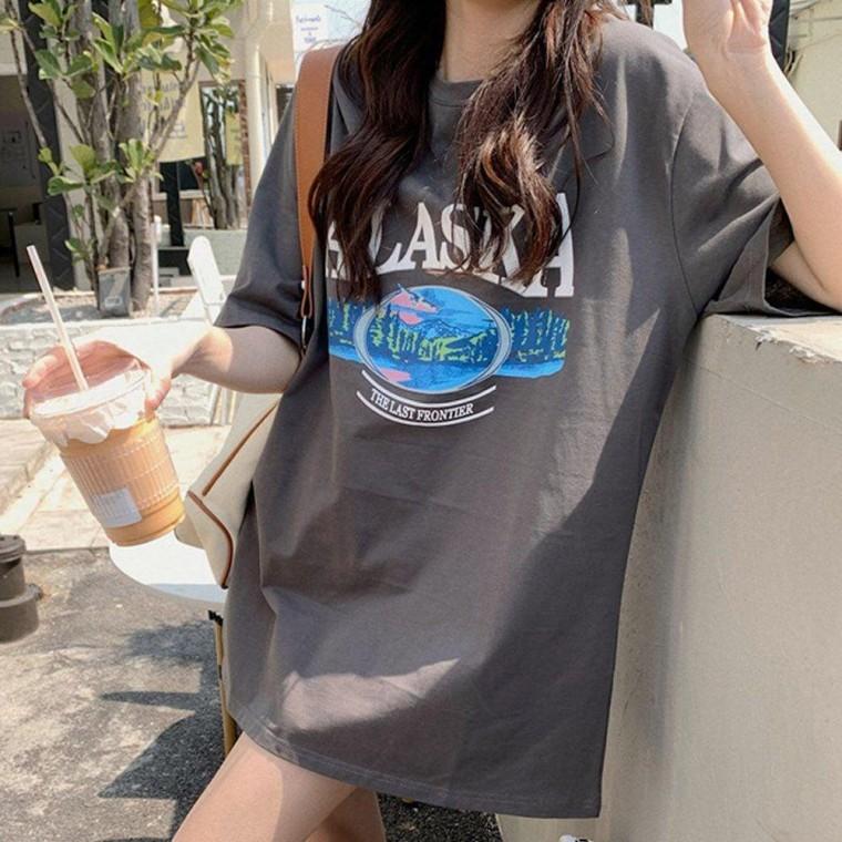여성 프린트 프린팅 반팔 티 오버핏 박스 티셔츠 차콜 반팔티 여름 여자 박스티 루즈핏