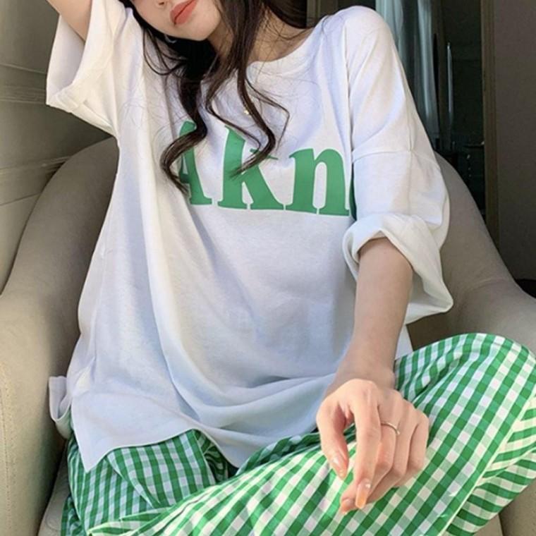 여성 반팔 티 체크 긴 바지 잠옷 세트 홈웨어 실내복 여자 여름 파자마 예쁜 여성홈웨어