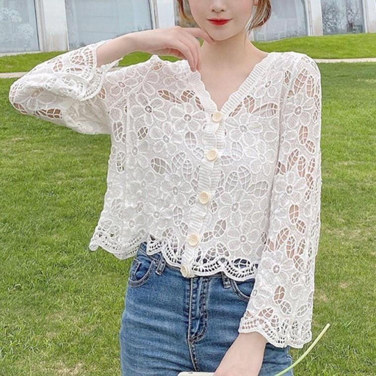 여성 여름 봄 뜨개 크로셰 니트 긴팔 가디건 화이트 여자 브이넥 크로쉐 그물 망사 비치