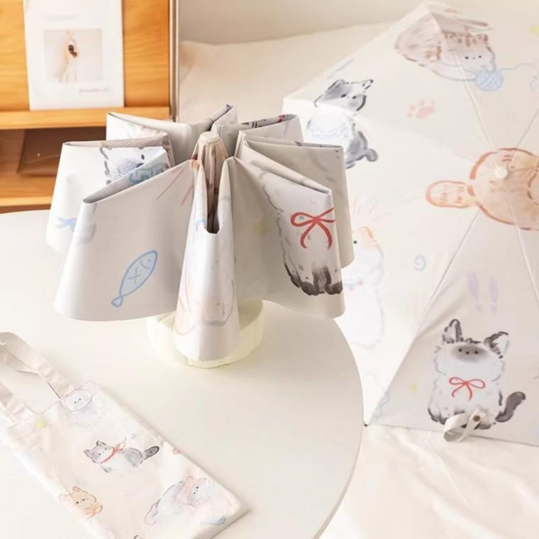 고양이 우산 귀여운 3단 자동 학생 캐릭터 접이식 튼튼한 양우산 경량 암막 자외선차단 미니