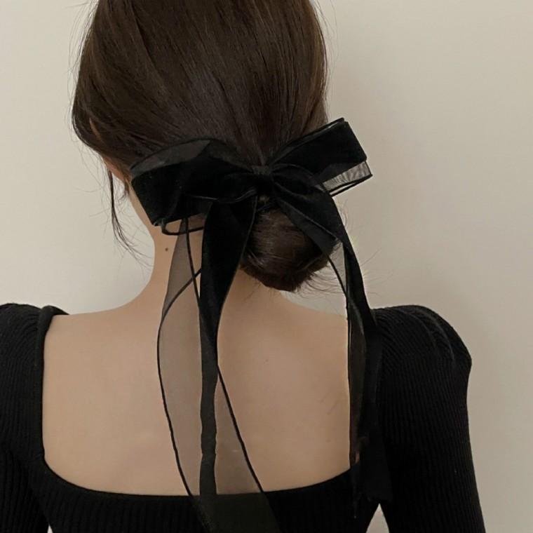 블랙 웨딩 리본 헤어핀 벨벳 레이스 머리핀 파티룩