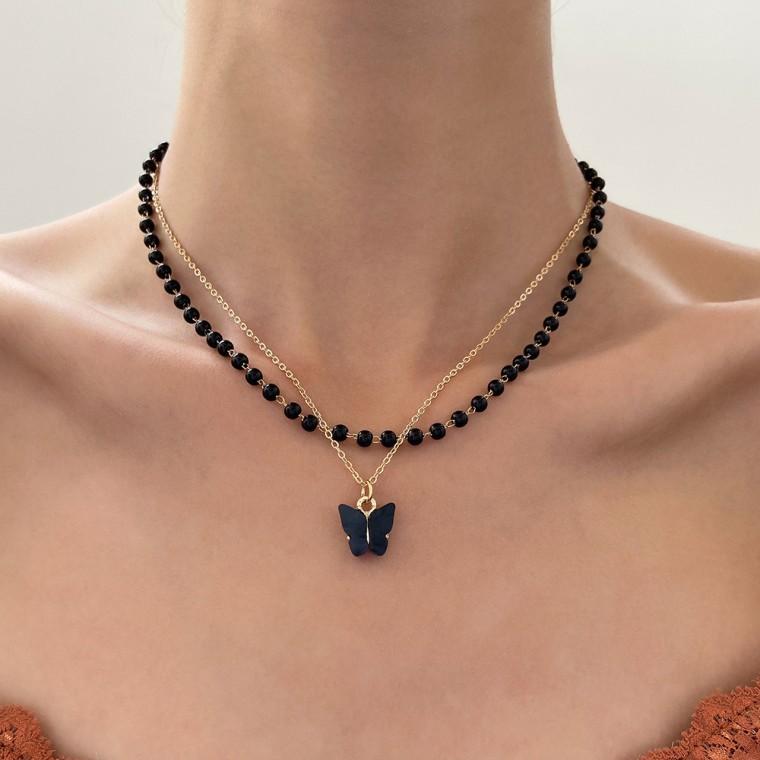 [인기템]블랙비즈 이중 목걸이 비즈목걸이 비즈팔찌 여름 악세사리 레이어드 연예인 나비 팔찌