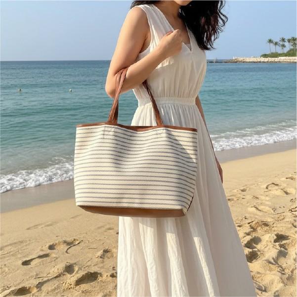 캔버스 숄더백 스트라이프 패턴 데일리 에코백 천숄더 직장인 캐쥬얼 여름 비치백
