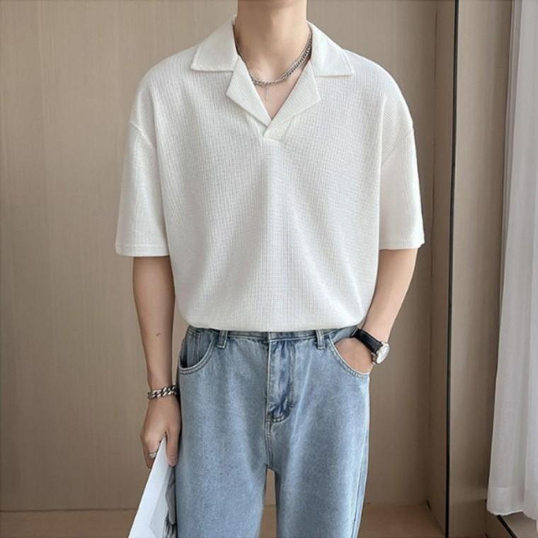 브이넥 반팔 카라 와플 오픈 티셔츠 오버핏 남자
