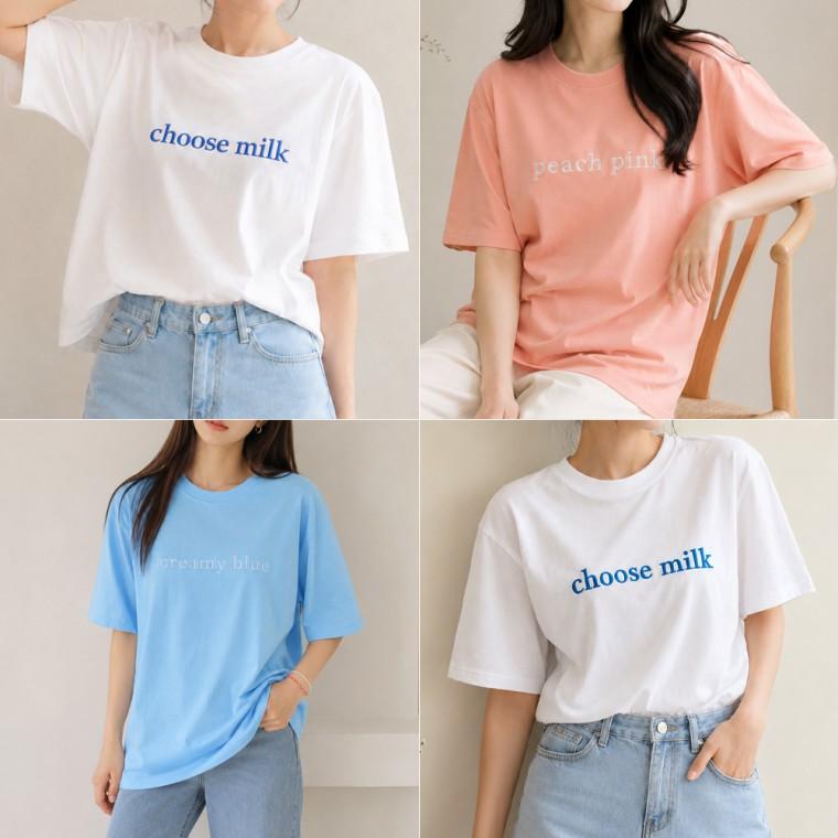 [큰손할인] 데일리반팔티 티셔츠 여름 자수 레터링 상의 심플한 라운드넥 여성 루즈핏 캐주얼 파스텔 기본